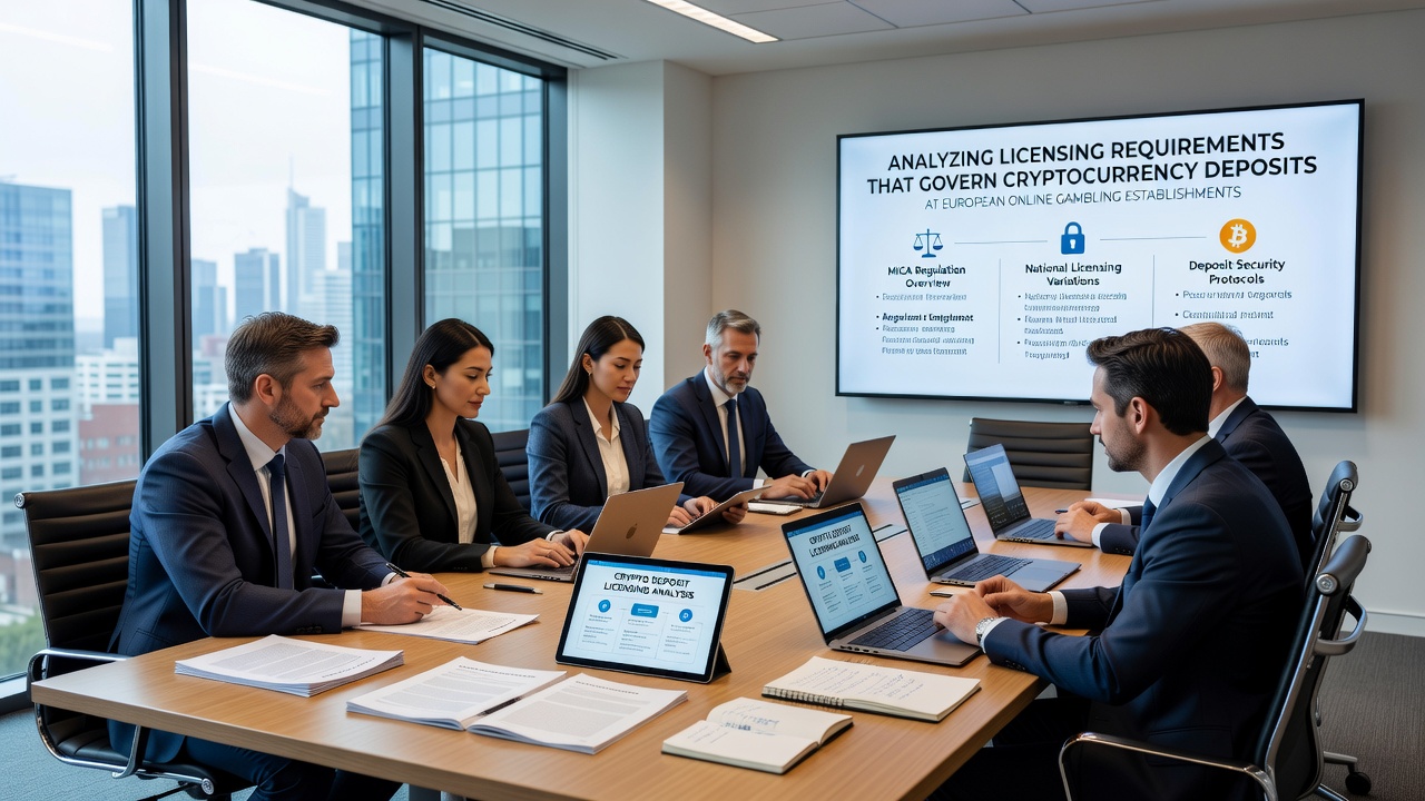 Regulatory meeting with European officials reviewing cryptocurrency transaction reports for gambling platforms
